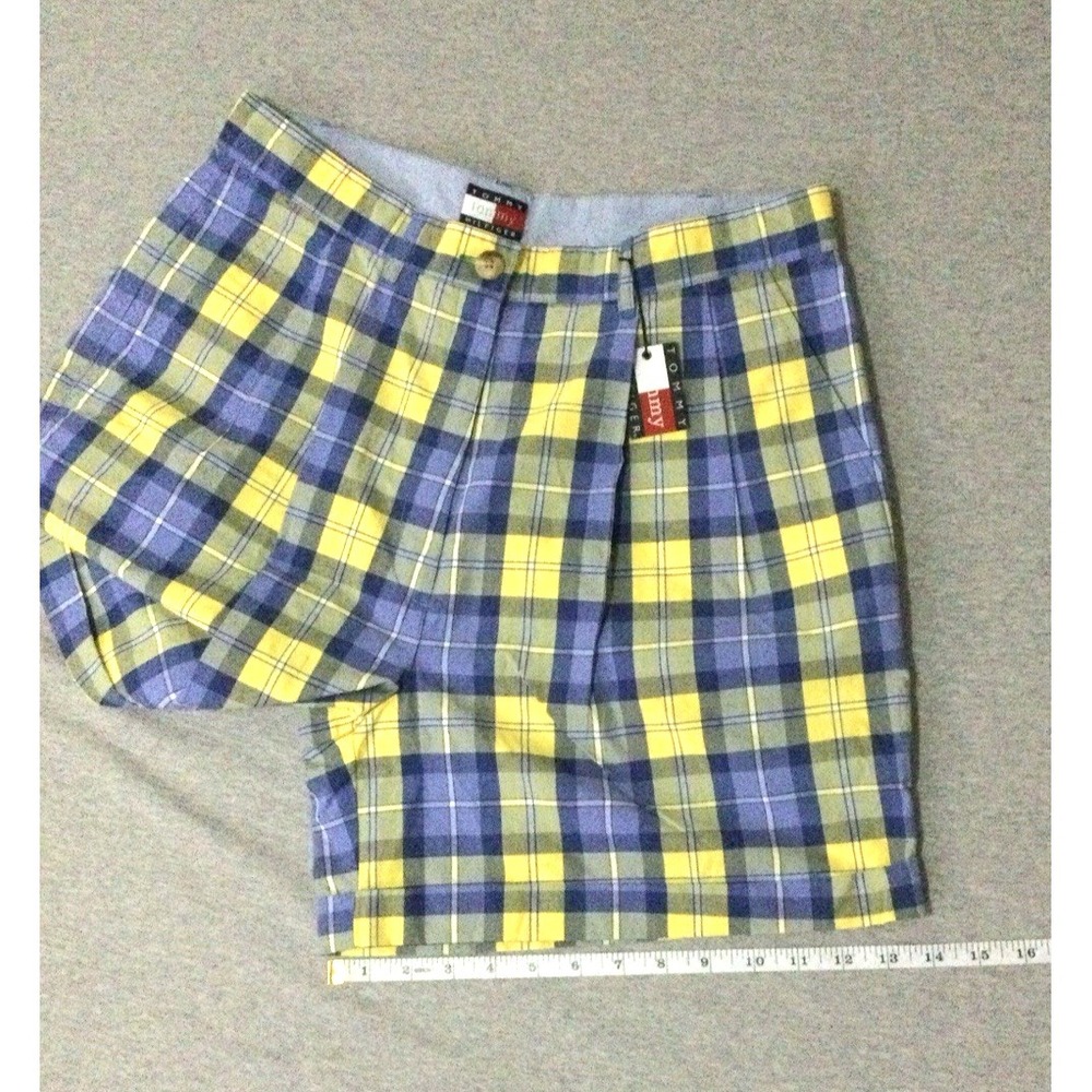 Vtg Tommy Hilfiger Plaid Shorts Womens Size 1 Blue Yellow Pleated Cotton Y2K NWT - Picture 15 of 16